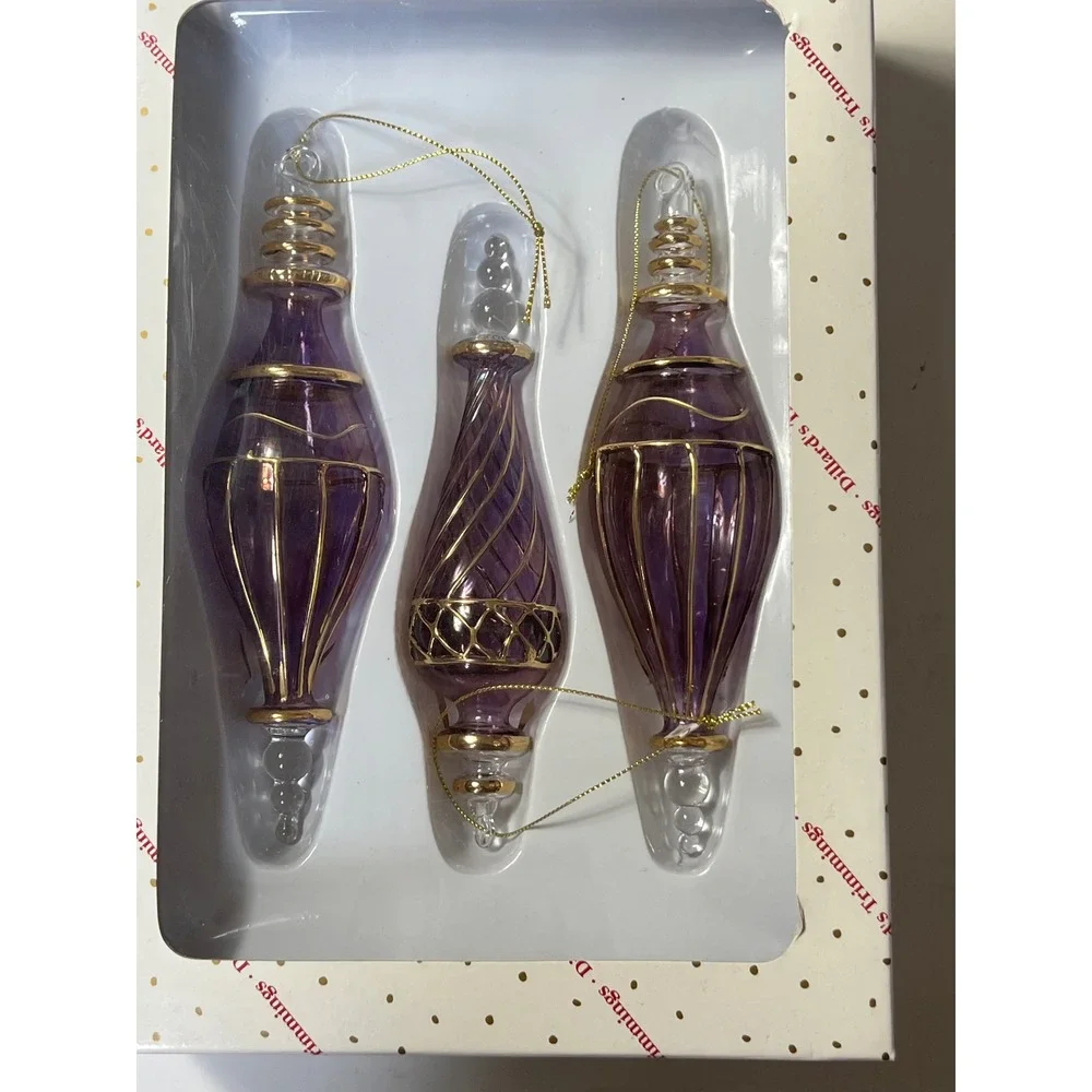 Dillards Trimmings Vintage Purple Gold Glass Finial Christmas Ornaments Set of 6